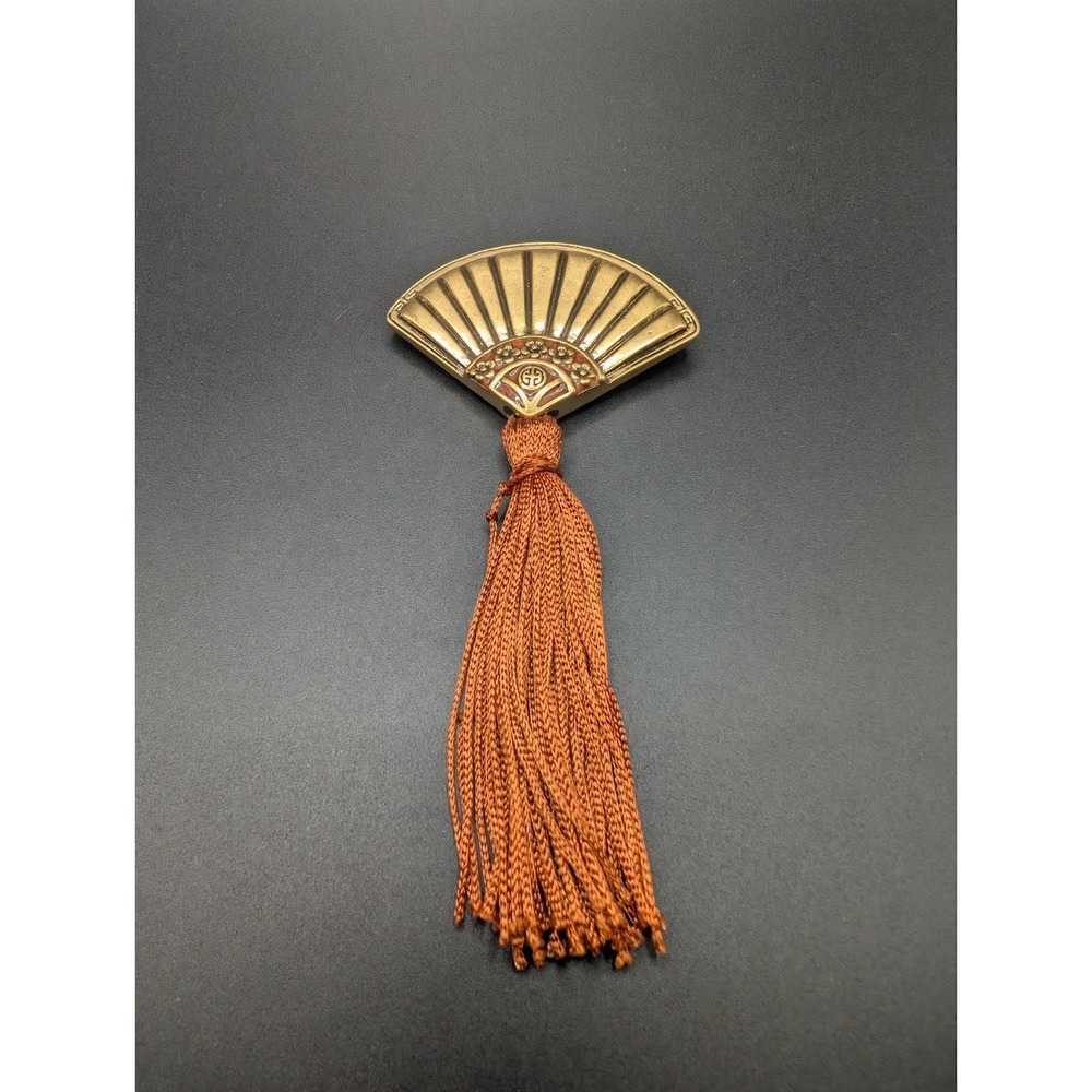 Vintage Chinese Fan Brooch Red Tassel Brass Oriental
